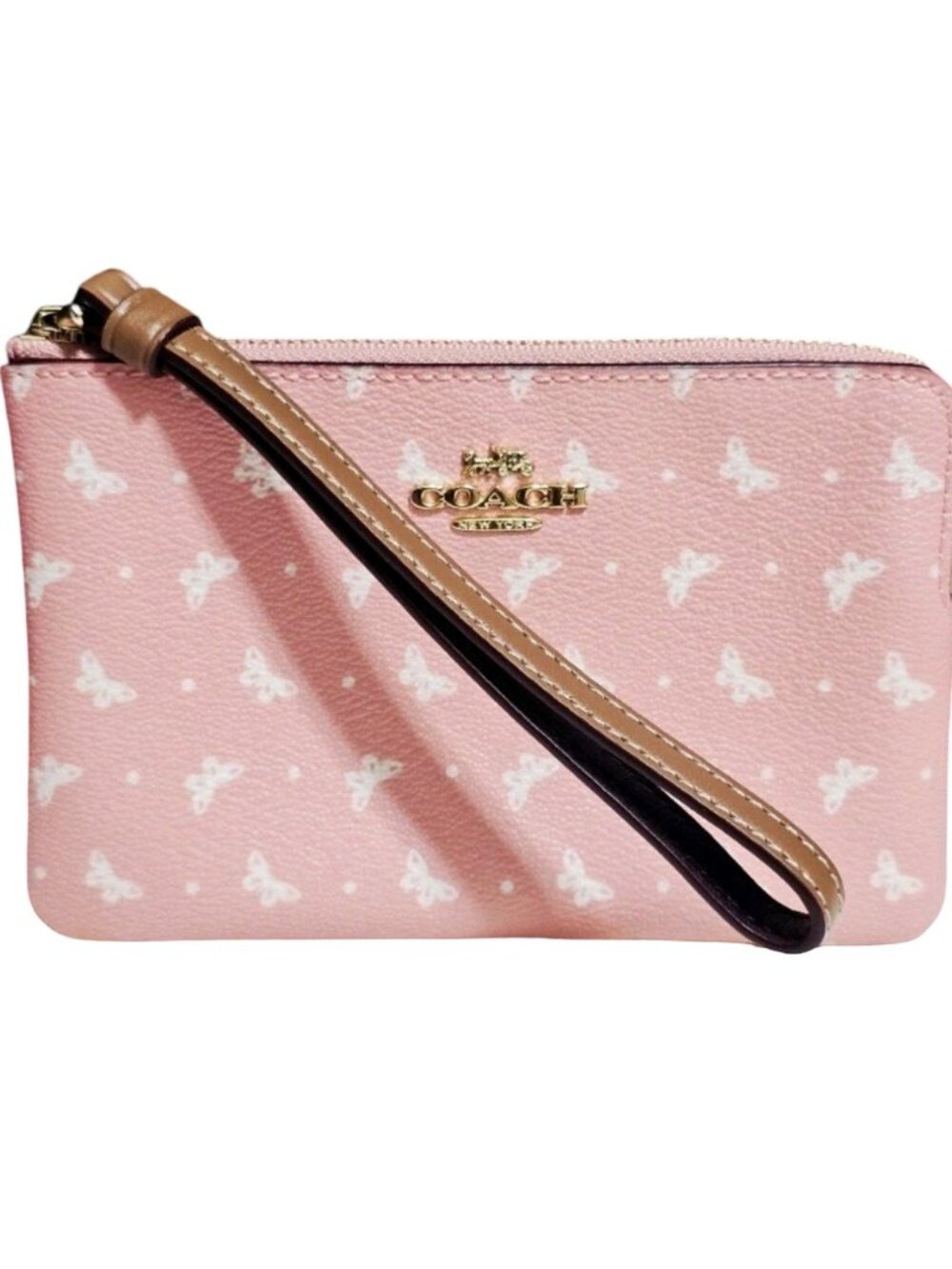 COACH Pink Butterfly Print Corner Zip Wristlet Wallet Pouch Leather Trim B1848